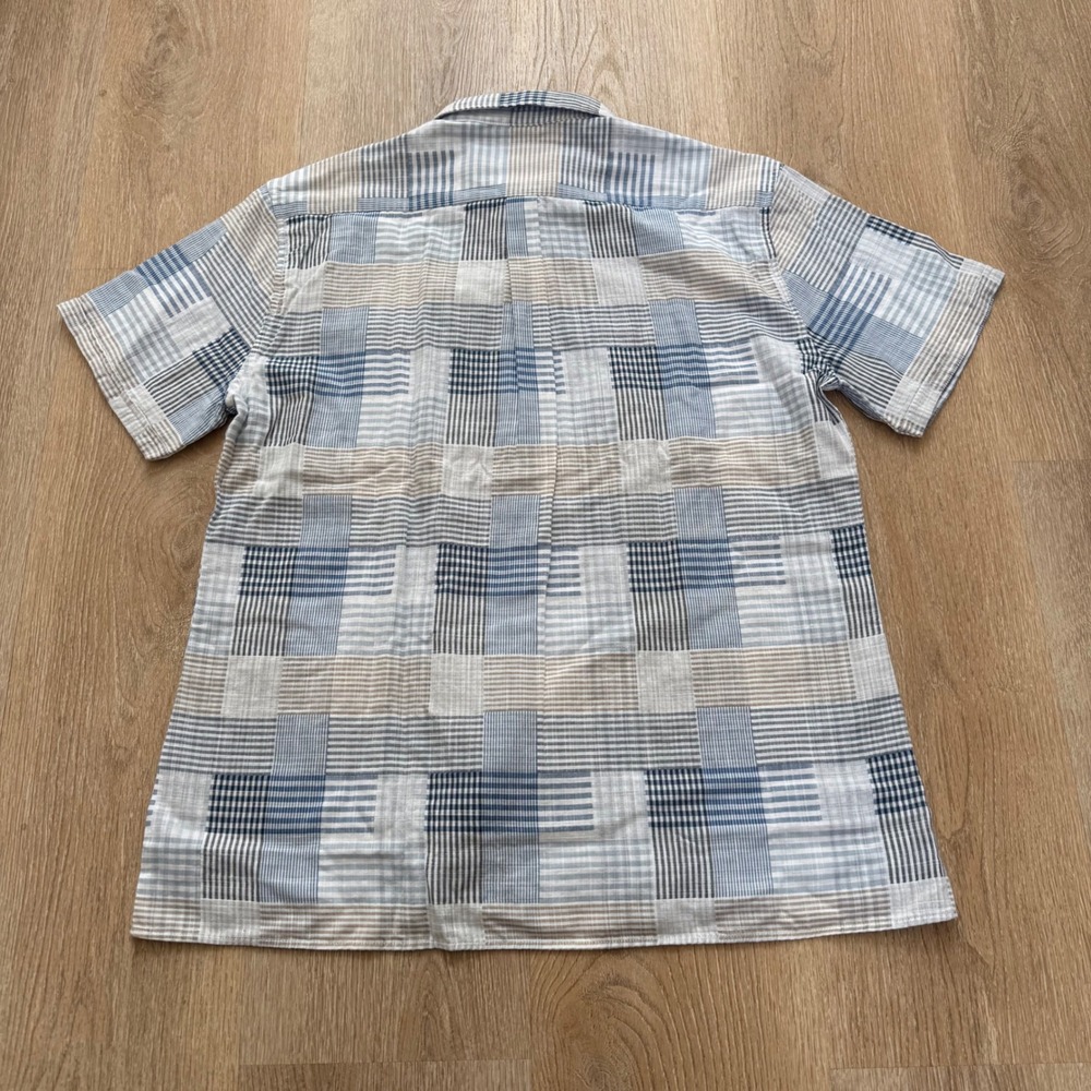 Barbour Oakshore Summer Shirt Mens L Sky Blue Tan Patchwork Plaid 100% Cotton - Picture 10 of 10